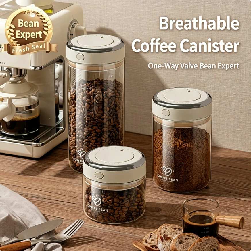 Premium Glass Coffee Canister, Airtight Coffee Bean Storage Container with One‑Way CO2 Valve & Freshness Tracker