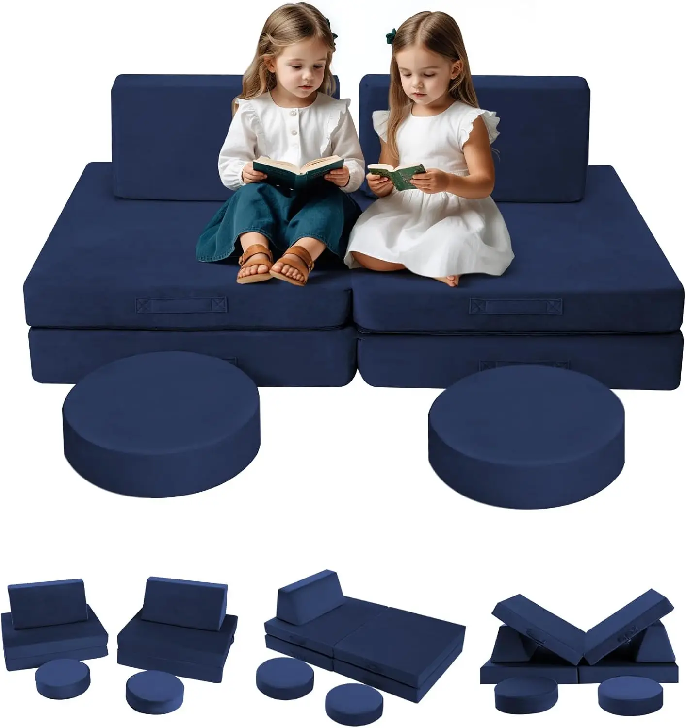 

Kids Playroom Couch 8 Piece Modular Toddler Sofa Navy Convertible Foam Fort Building Set Washable Plush Cover Boys Girls Ages 1