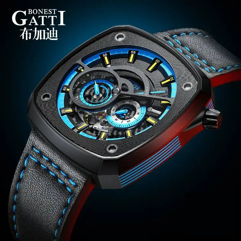 

BONEST GATTI Automatic Watch Luxury Mechanical Wristwatch Square Luminous Dial Leather Strap Watches For Men