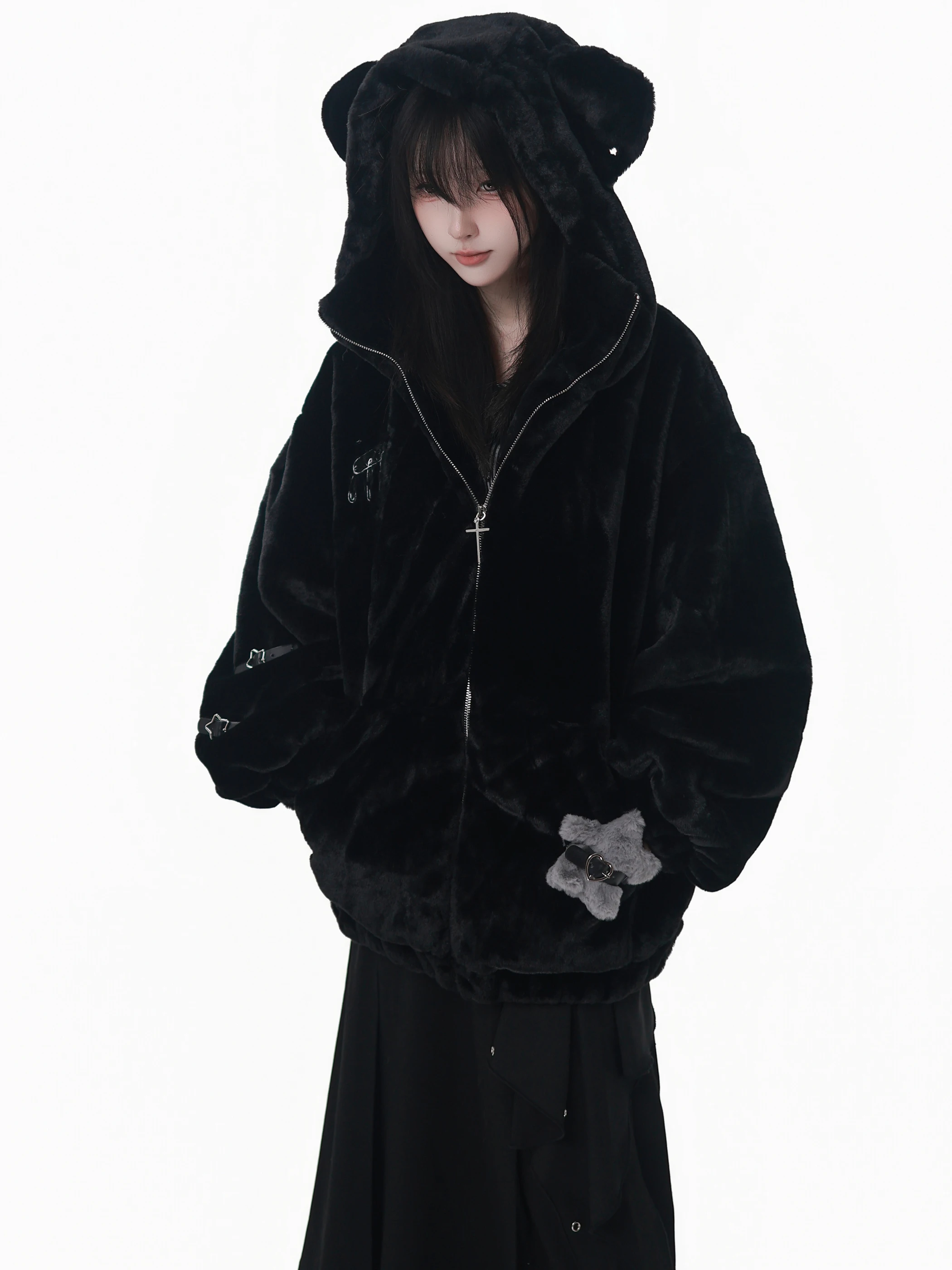 PinkSavior Original moda dulce chica fresca con capucha cremallera suelta Casual abrigo de piel sintética para mujeres invierno grueso cálido chaquetas cortas