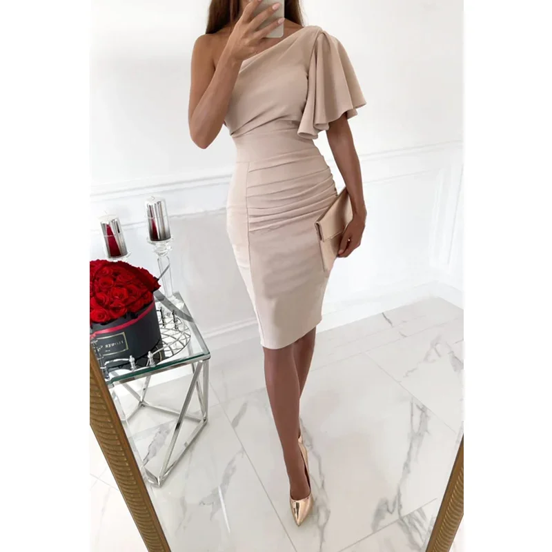 Tight Evening Party Midi Sheath Dress Fashion One Shoulder Ruched Women Elegant Bodycon Dress