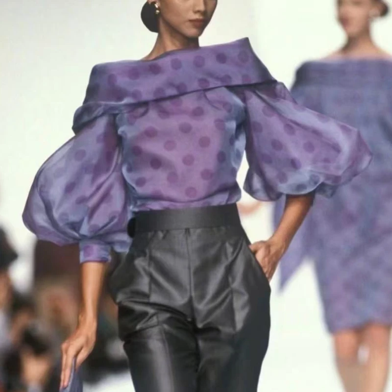 

Women's Puff Sleeve Chiffon Blouse 2025 Fashion Simple Purple Color Dot Off-shoulder Urban Casual Minimalist Office Shirts Tops