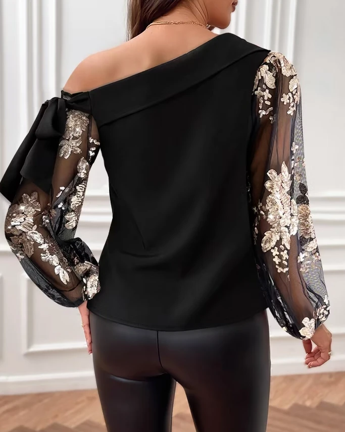 Women's Shirt Temperament Commuting Autumn New Fashion Women Elegant Sequin Floral Pattern Skew Neck Sheer Mesh Patch Blouse Top