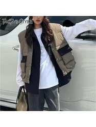 TWOTWINSTYLE New Design High Street Vests For Women Lapel Sleeveless Spliced Single Breasted Casual Vest Female Fashion Winter