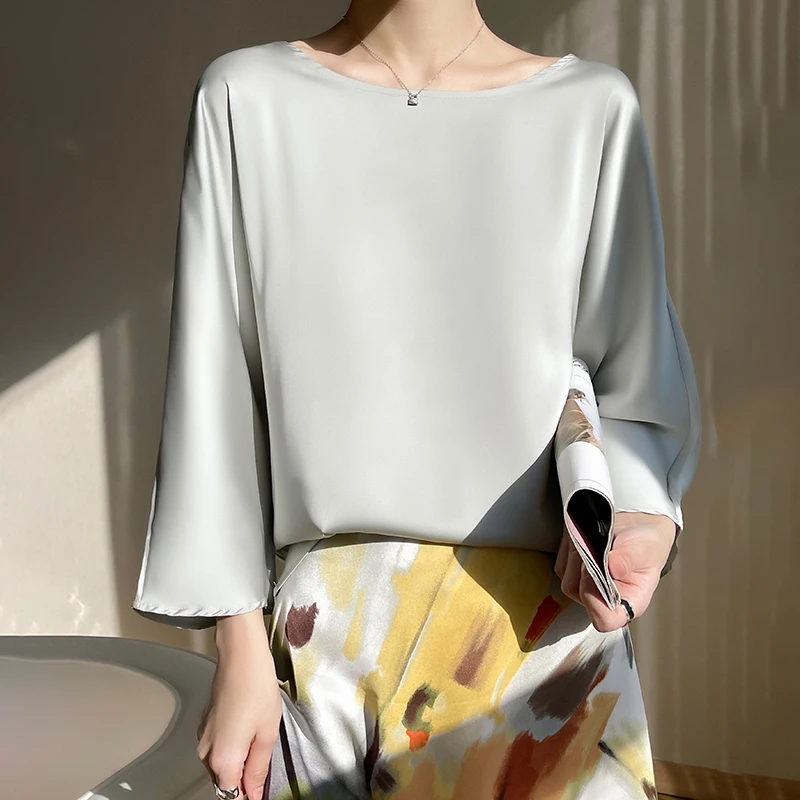 

MOYUEBIFENG Summer New Cropped Sleeves Acetic Acid Satin Slim T-Shirt Blouse Loose Joker Round Neck Shirt