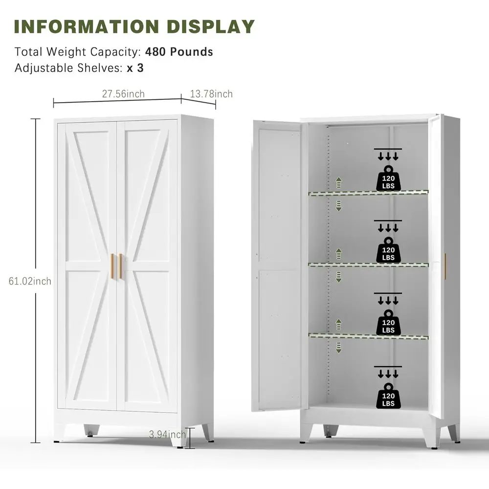 White armhouse Storage Kitchen Pantry Cabinet with 2 Barn Door, 3 Adjustable Shelves and Legs, or Cupboard/Dining Room/Bathroom/