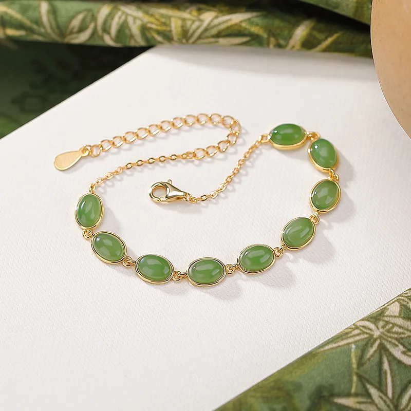 S925 Sterling Gold Plated Natural Hetian Jade Jasper Amber Cabochon Silver Bracelet