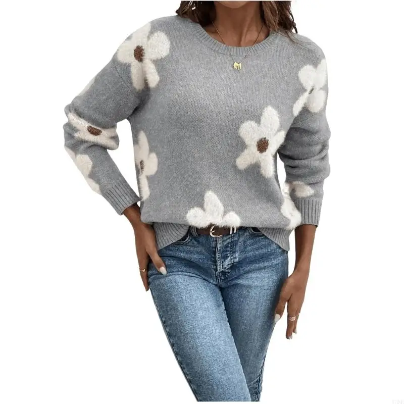 Bild 7: Y3NE Damen-Pullover mit Blumenmuster, Rundhalsausschnitt, Langarm, lässig, lockerer Strickpullover
