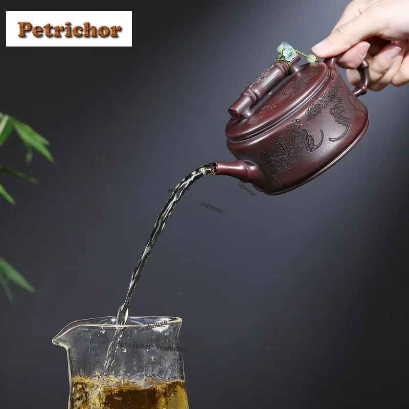 HOYIHM 300ml Aesthetic Yixing Purple Clay Teapots Handmade Large Caliber Pot Raw Ore Antique Back Mud Kettle Zisha Tea Set