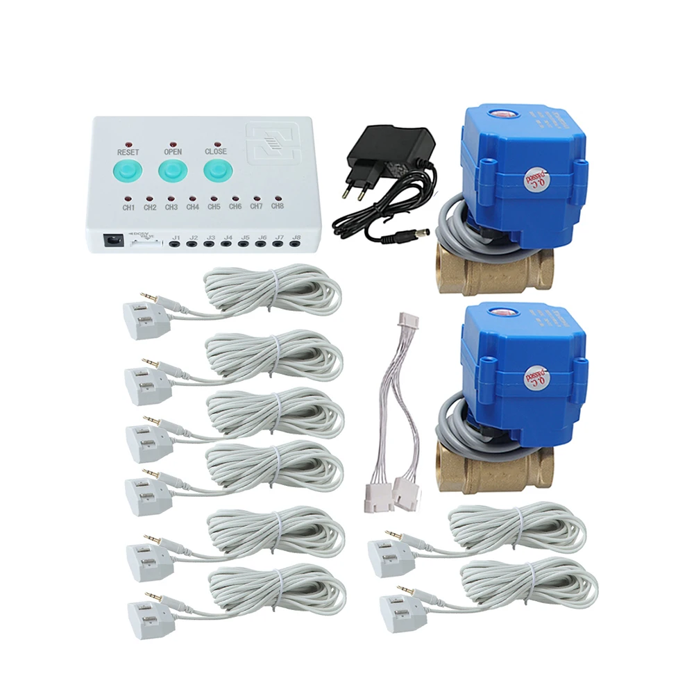 

Water Shut-Off Valve Alarm System with 8pc 6M Water Sensors - 1/2" 3/4" 1“ Brass, 5V Plug-in Power for Home Water Leak Alarm
