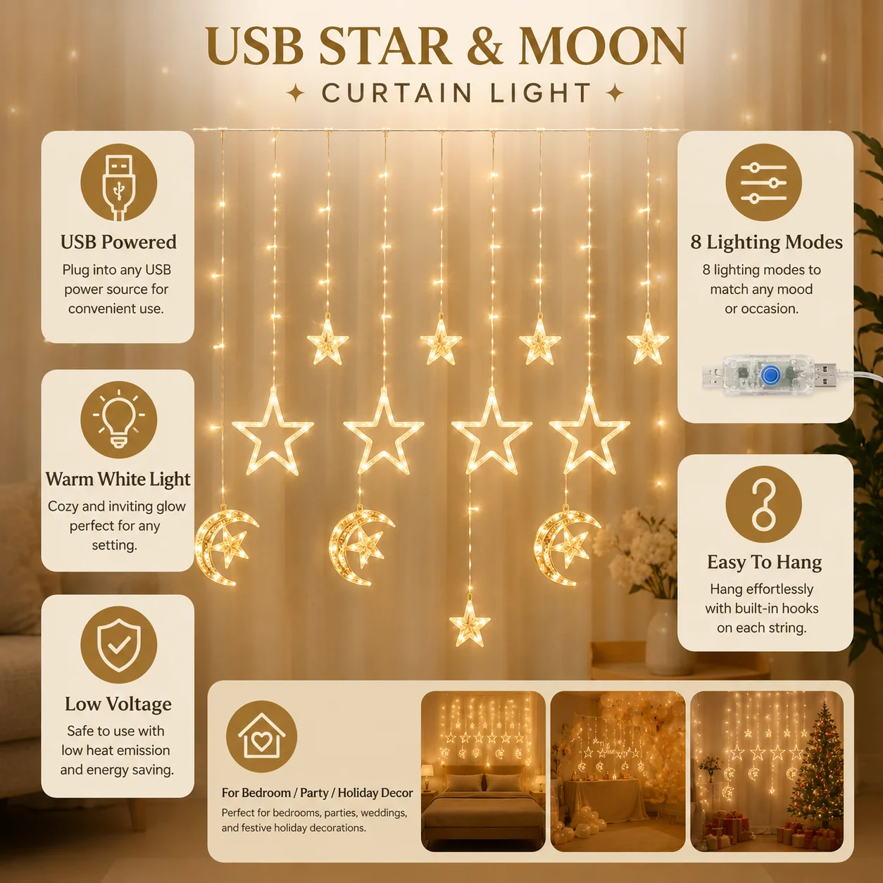 USB Star Moon Curtain Lights Warm White LED Fairy String Lights 8 Modes Halloween Window Bedroom Party Home Decor