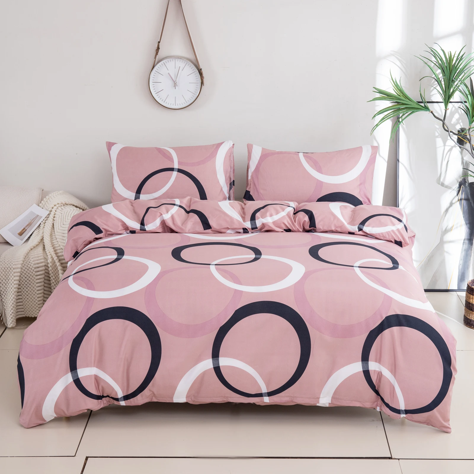 2 Pillowcases + 1 Duvet Cover, Polyester Pink Geometric Print Bedspread 3-Piece Set, Ultra-Soft and Comfortable Polyester Breathable Bedding Duvet Set, Suitable for Bedroom and Guesthouse Dormitory (Bedspread + Pillowcases, Without Quilt and Pillow Insert) Zipper Duvet Cover + Pocket Pillowcase