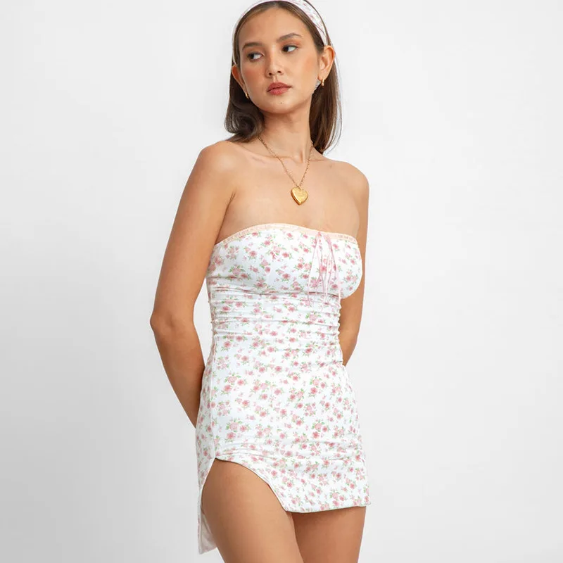 Women Off Shoulder Bandeau Dress Summer Bandage Tie Front Floral Party Mini Tube Dress Strapless Bodycon Beach Short Dress