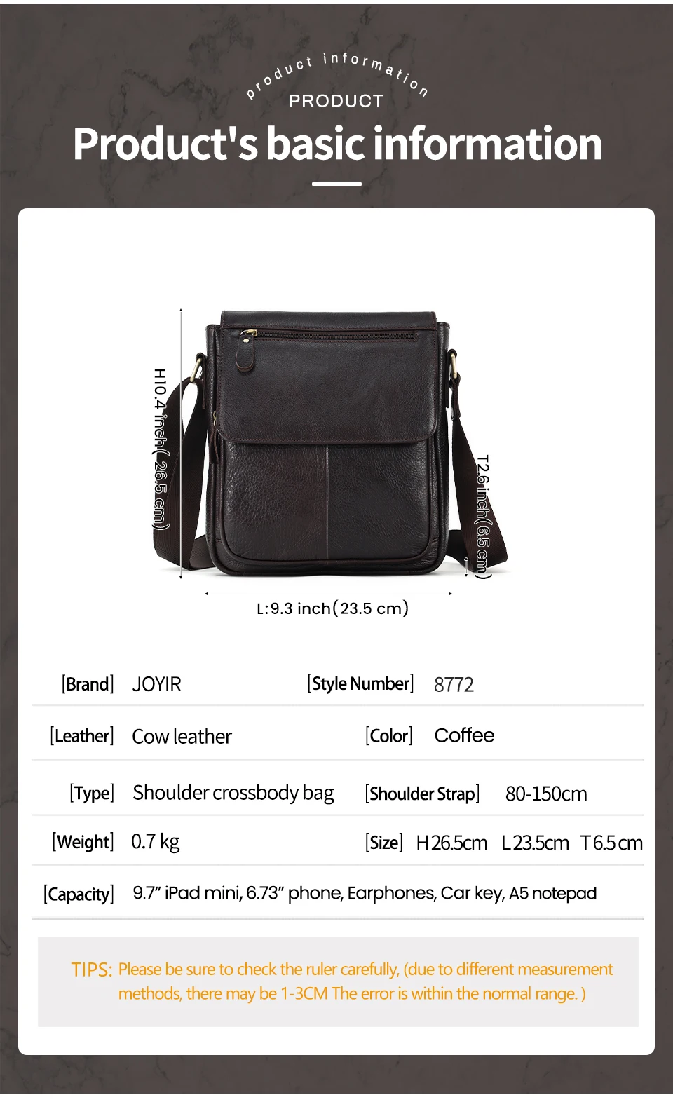 JOYIR Echtes Rindsleder Männer Vintage Handtaschen Flap männer Schulter Taschen Casual Messenger Taschen Mode Umhängetasche – Detail 2