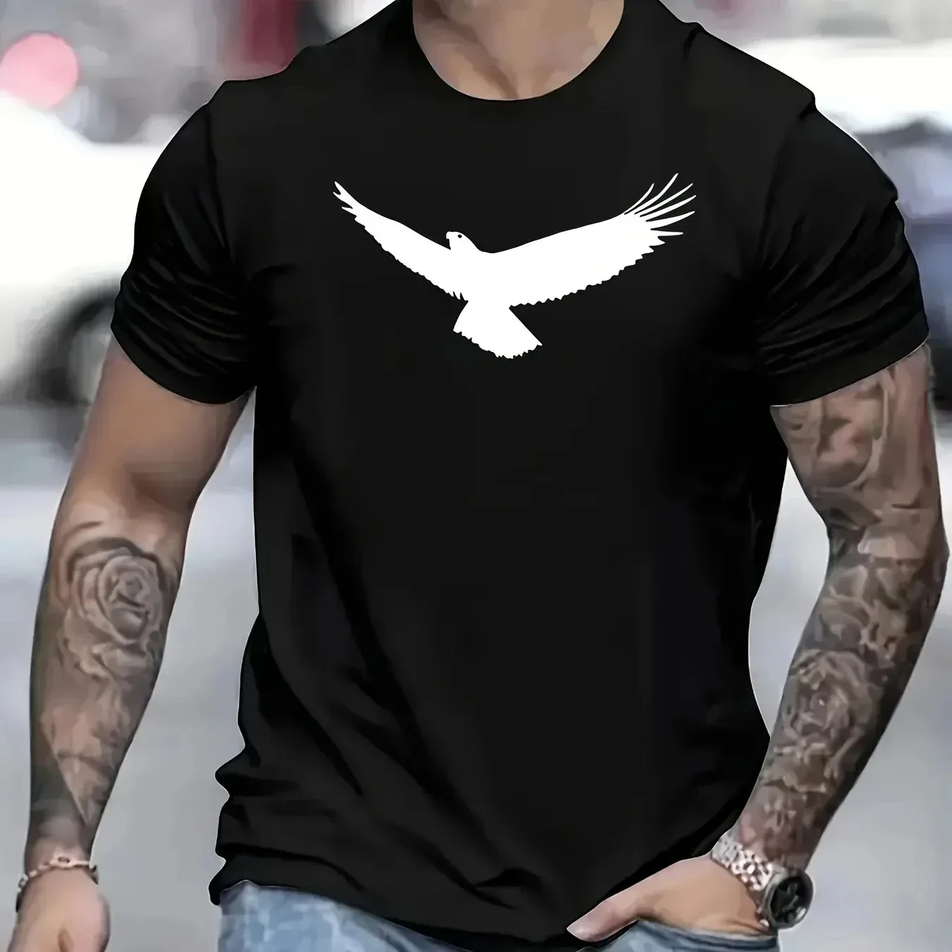 Men's summer loose eagle print short sleeve T-shirt Casual stylish crewneck top for everyday comfortable clothing