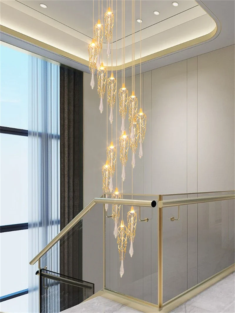 Candelabro LED de Cristal de ramas modernas para escalera, lámparas colgantes de Arte largo de Cristal de lujo, accesorios de iluminación grandes para interiores en espiral