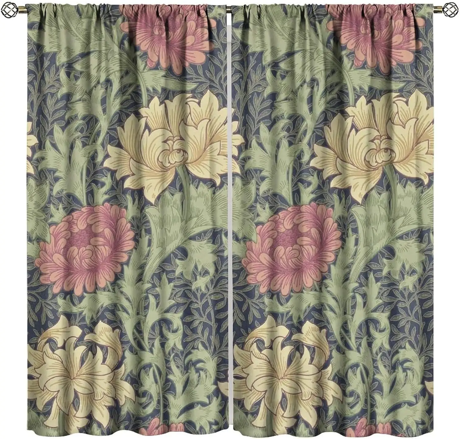 Elegant Floral Damask Pattern Curtains Pair Botanical Leaf Drapes for Living Room Window Decoration Beige Pink Green