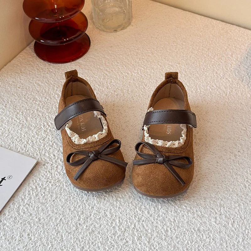 Spring and autumn new girls bow princess lace shallow mouth baby single shoes soft sole children's leather shoes