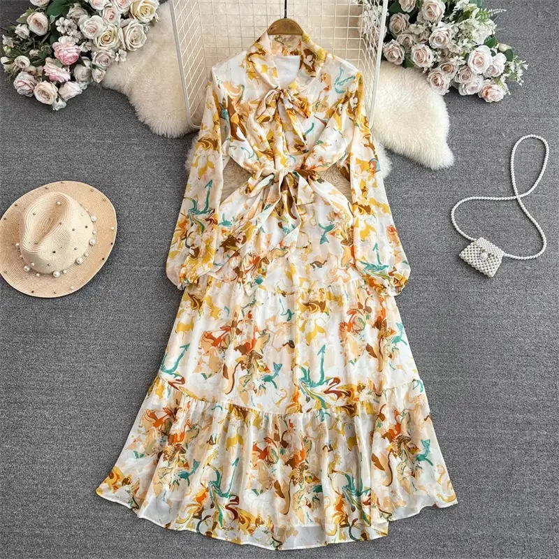 Elegant And Beautiful Women's Dress 2024 Spring Autumn Korean Full Sleeve Bow Tie Up Waist Slim A-Line Printed Long Dress Z3574