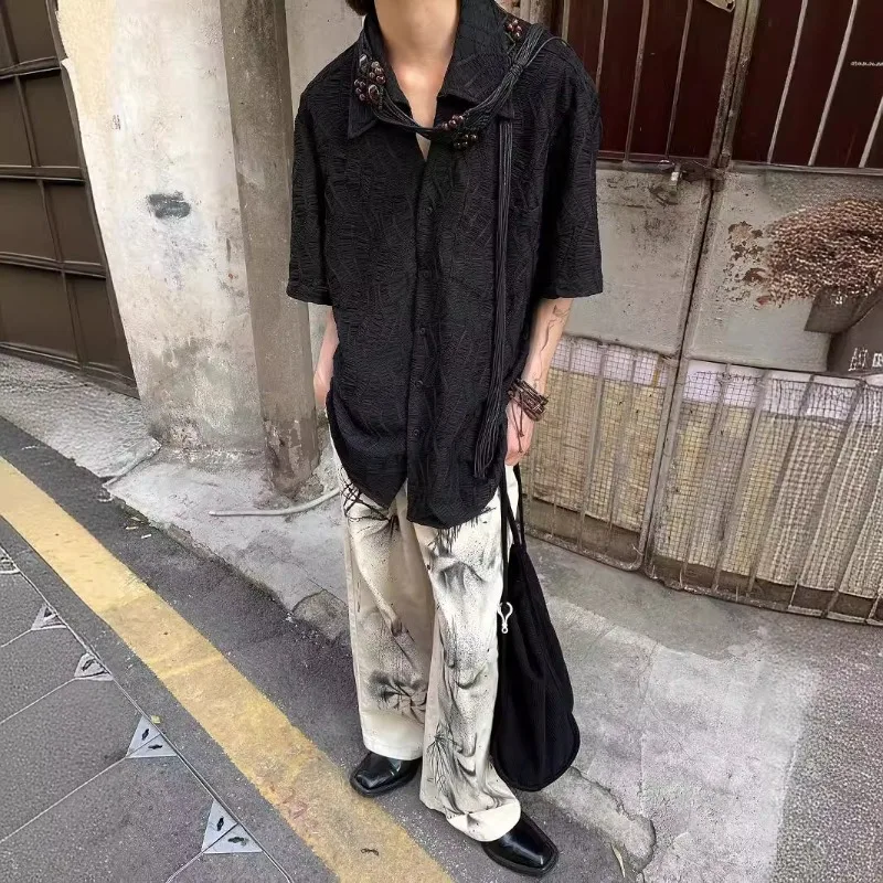 2026 Pleated Non-ironing Black Short-sleeved Shirt Men's Niche Design Jacquard Personalized Loose Casual Cardigan Jacket