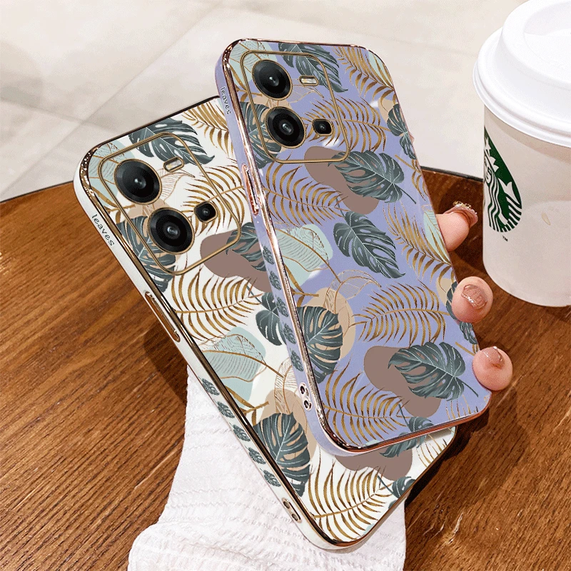 V25 Getextureerde Blad Luxe Plating Telefoon Case Voor VIVO V25 V25Pro V21E V21 V23E V25E V29E Y85 Y15 Y35 Y22 Y30 Y21 Y16 Y17 Cover