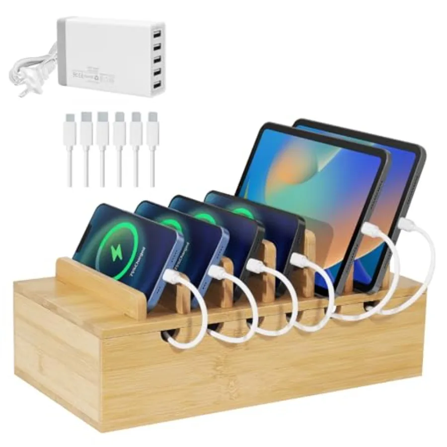 

Бамбуковая зарядная станция для нескольких устройств с 5-портовым USB-зарядным устройством, 6 зарядными кабелями, улучшенная настольная док-станция, органайзер.