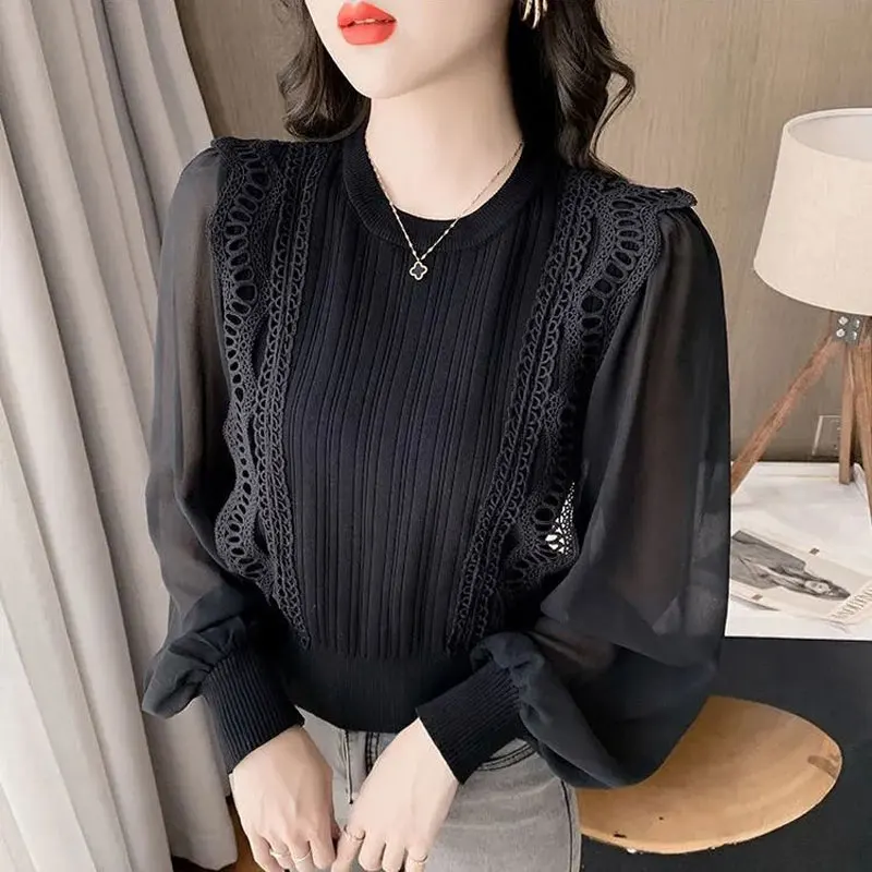 Commute Solid Color Knitted Spliced Shirt 2023 Spring Autumn Long Sleeve Stylish Hollow Out Lace Women\'s Clothing O-Neck Blouse