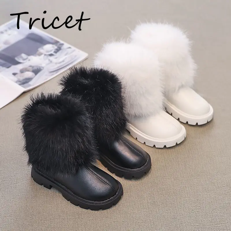 

Winter Solid Kids Fashion Boots PU Leather Faux Fur Girls Knee High Shoes 2024 Zip Non Slip Children Long Boots