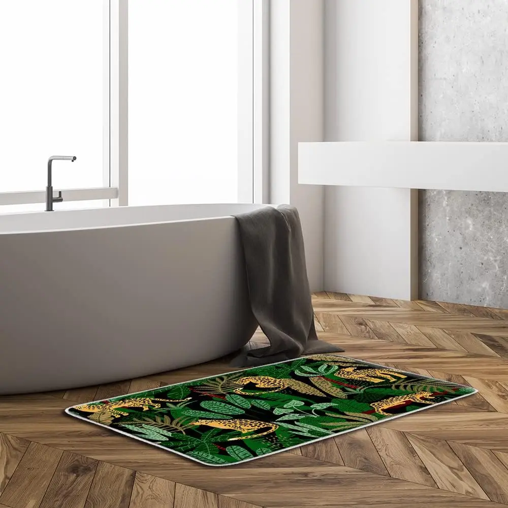 Bohemian Jungle Leopard Print Leaf Pattern Area Rug Tropical Foliage Mat Bathroom Entry Runner Boho Animal Style Floor Decor Hou