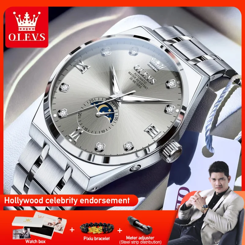 

OLEVS 7069 Mens Watch Luxury Original Business Automatic Mechanical Watches Waterproof Luminous Moon Phase Watch With Box Gifts
