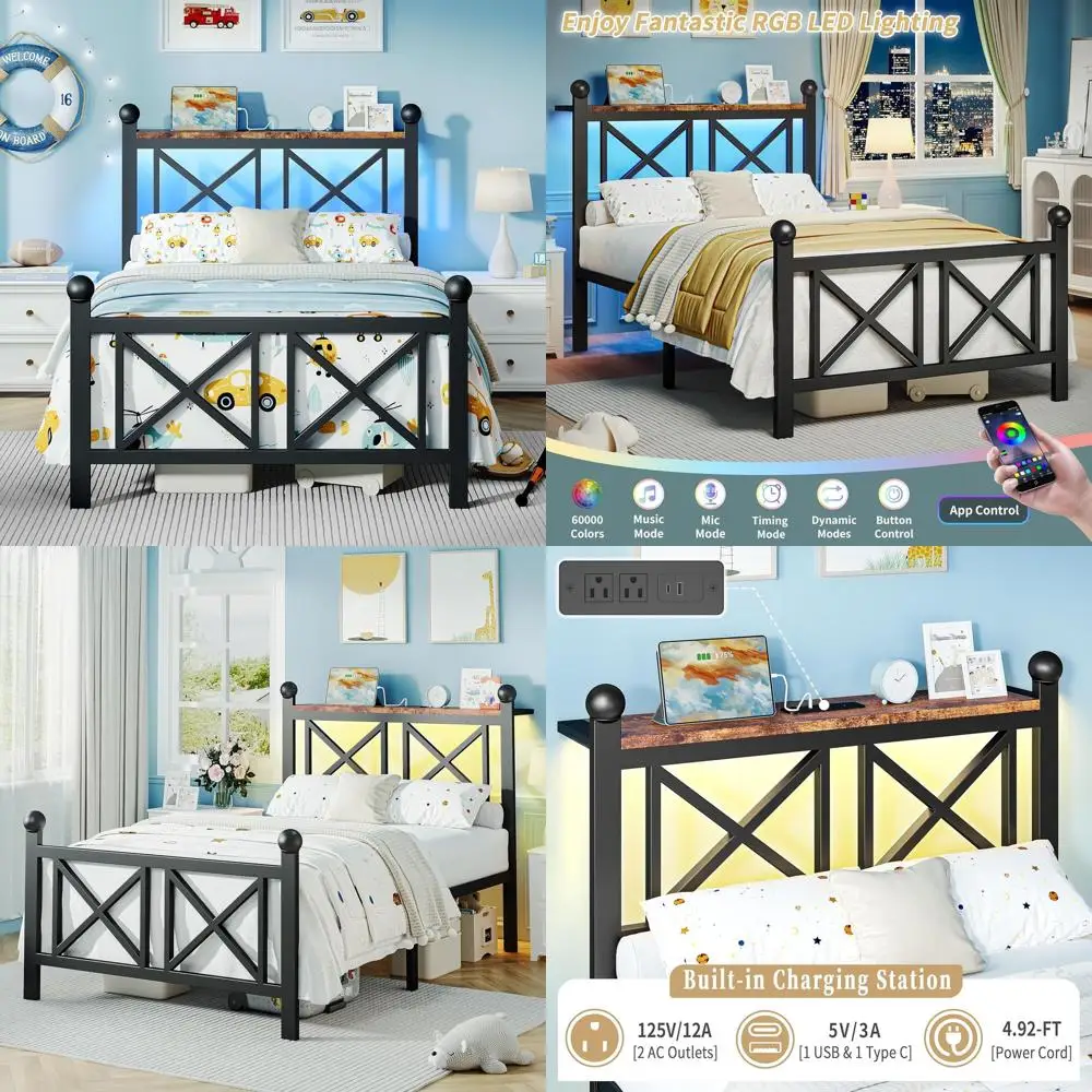 

Durable Black Twin Bed with LED Lights, Metal Frame, Storage, Charging Station, No Box Spring, Easy Assembly