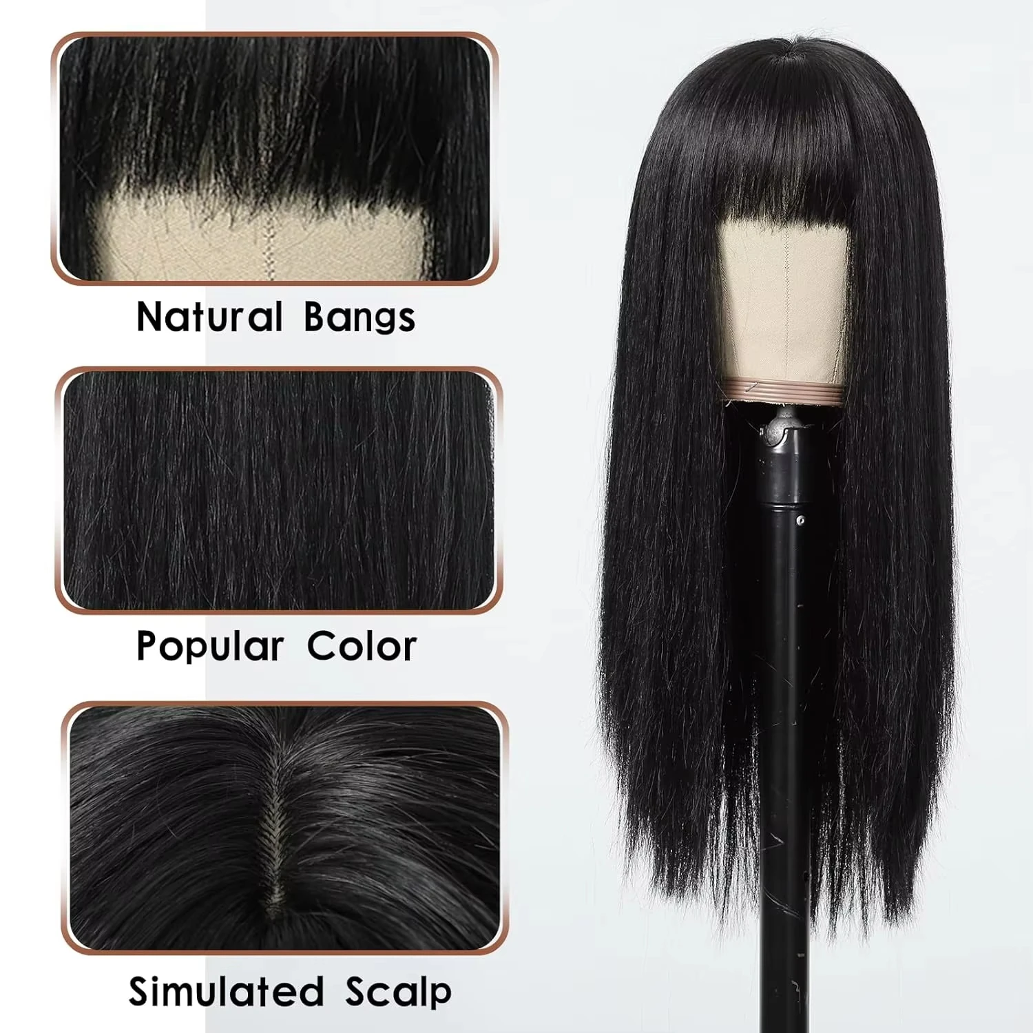 شعر مستعار أسود للنساء، شعر مستعار أسود طويل مستقيم مع غرة، شعر صناعي طبيعي للاستخدام اليومي للحفلات، شعر مستعار من الألياف المقاومة للحرارة #4