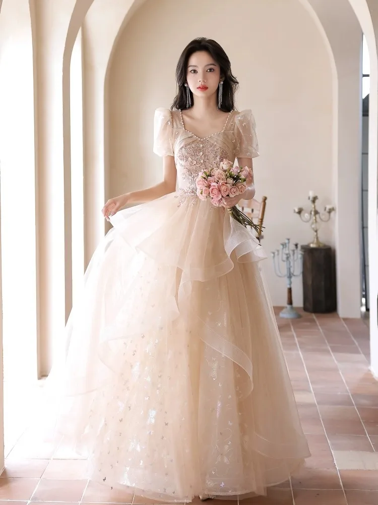 Vestido de noche francés elegante para mujer, vestidos de línea a de tul para banquete, vestido de graduación Formal con lentejuelas, temperamento para quinceañera