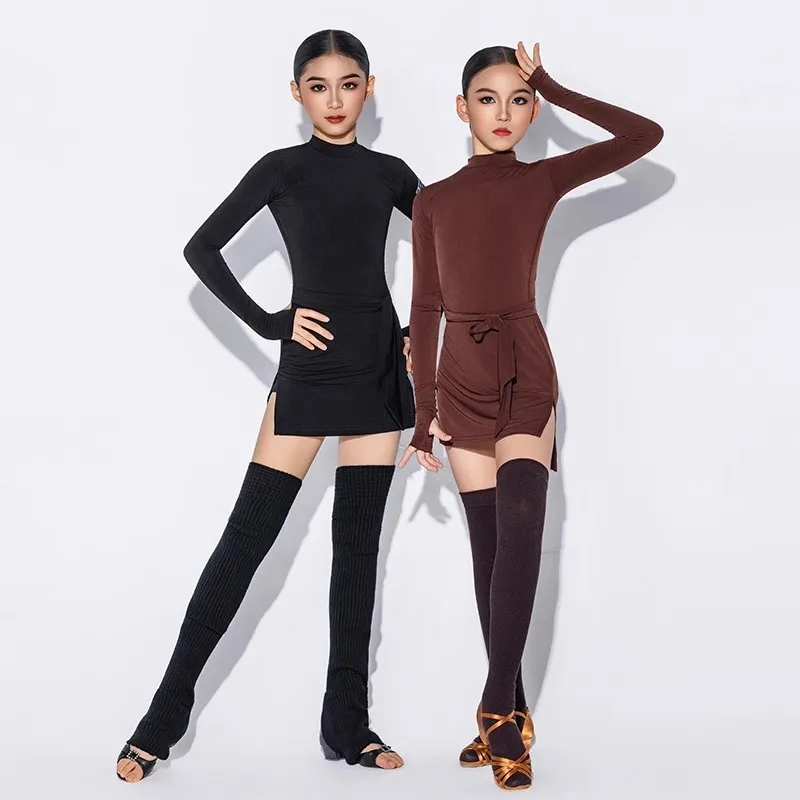 2025 nuevos trajes de actuación para niñas vestido de baile latino vestido adelgazante de manga larga Chacha Rumba Tango ropa de práctica de baile DN22181