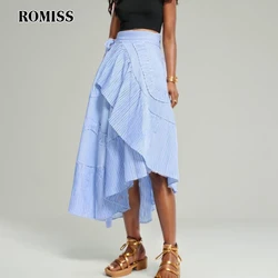 ROMISS Spliced Appliques Striped Ruffles Skirt For Women High Waist A Line Irregular Hem Casual Skirts Female Fashion New