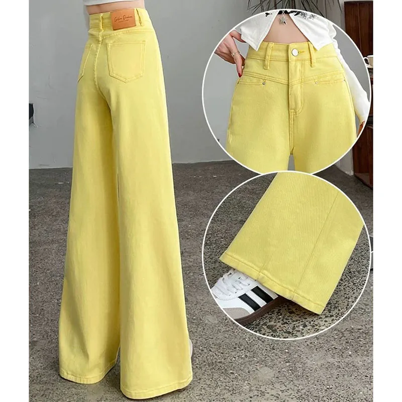 Korean Women Wide Leg Jeans Spring Autumn Female Casual High Waist Denim Pantalons Ladies Fashion Solid Color Cowboy Trousers