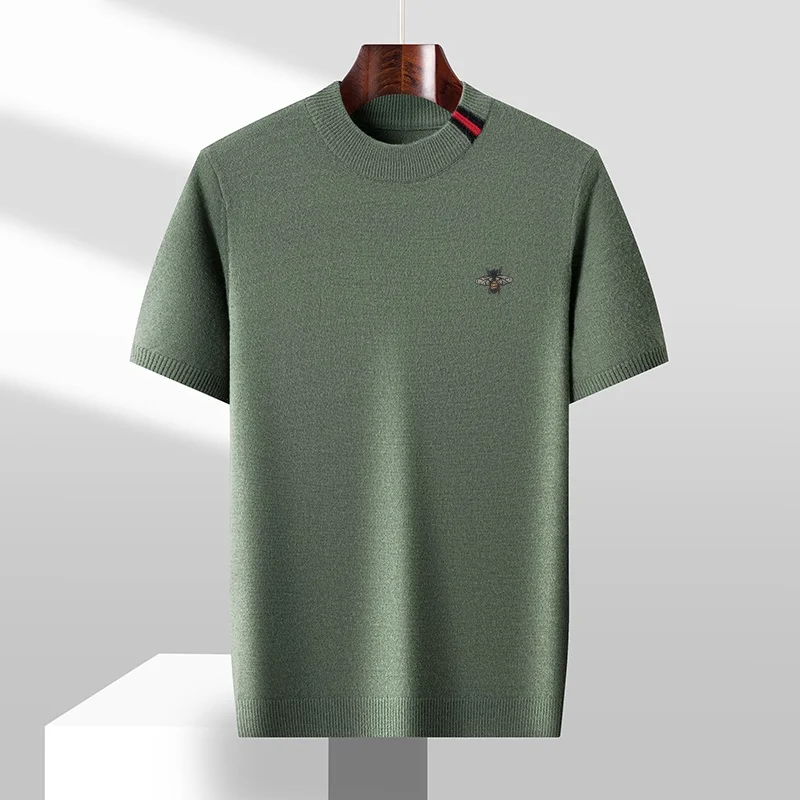 Luxury Men's New Summer Fall High-End Knit T-Shirt Round Neck Embroidery Short Sleeves Fashion Leisure Trend Men's Clothing Tops