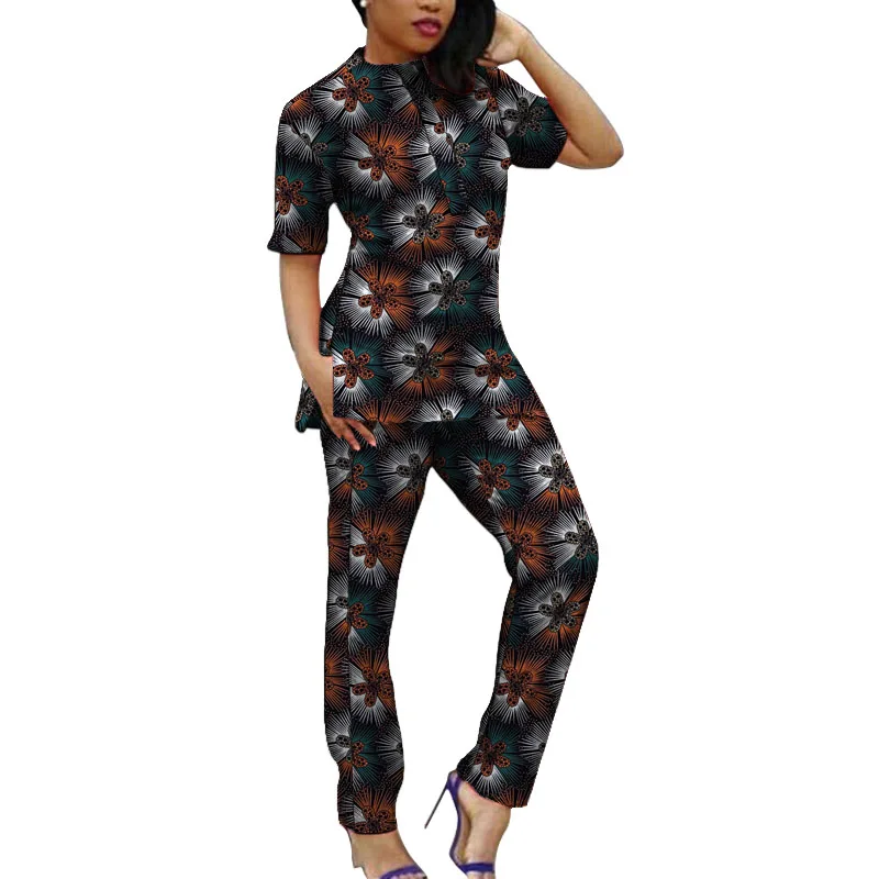 女性用半袖トップスとパンツセット,アフリカンウェア,アンカラスタイル,カラープリント,パーティー用