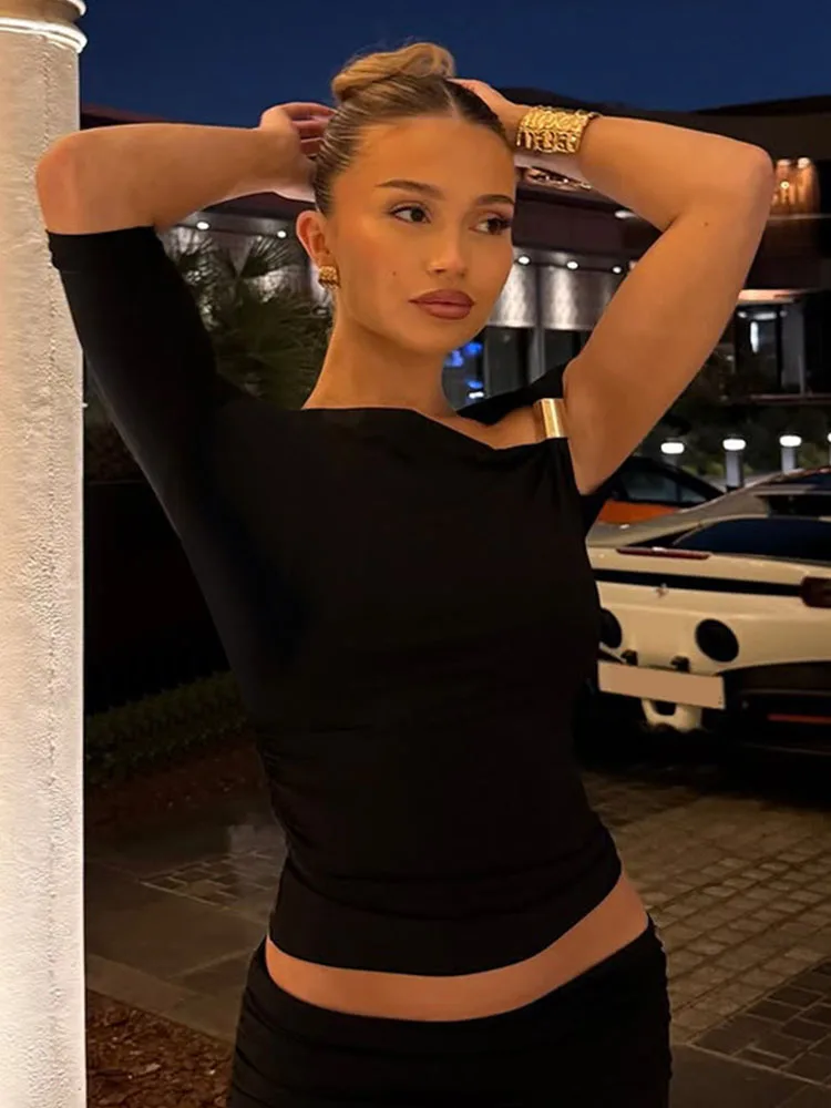 スキュー襟半袖シャーリングメタル Tシャツレディースソリッドカジュアルエレガント Y2K トップスクラブストリート夏