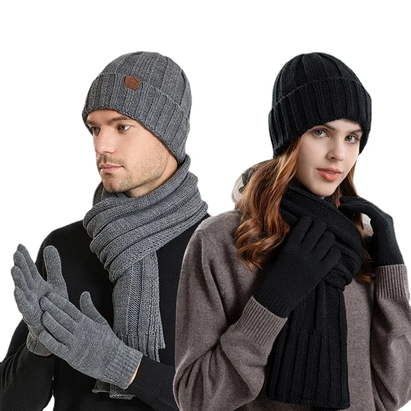 Donna uomo lavorato a maglia sciarpa lunga cappello guanti 3 pezzi Set inverno spessa peluche foderato in pile berretti cappello nero grigio