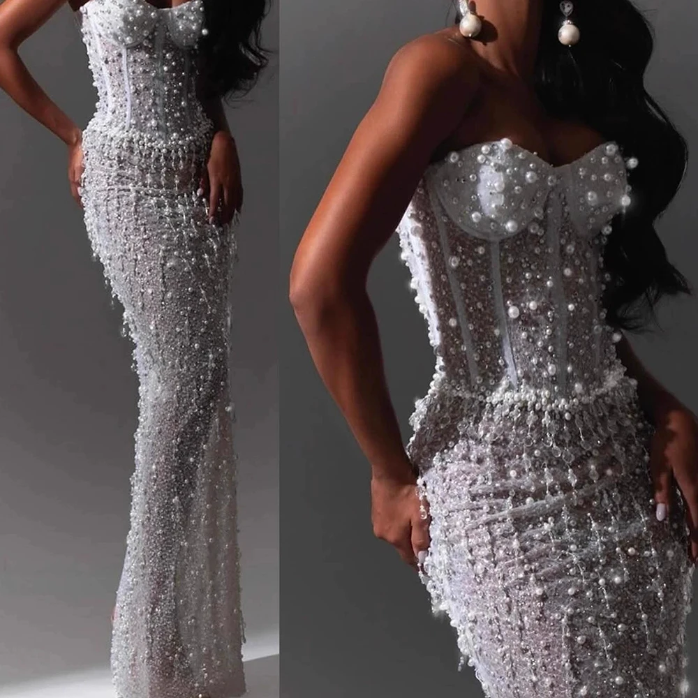 

Bandage tube top pearl sequin evening dress women's backless fishbone slim fit long dress party dress-GZXX799