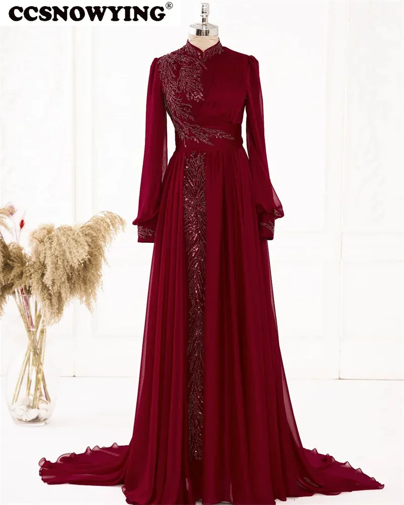 

Burgundy Long Sleeve Hijab Muslim Evening Dresses Islamic Chiffon Appliques Women Formal Party Gown Arabic Dubai Robes De Soirée