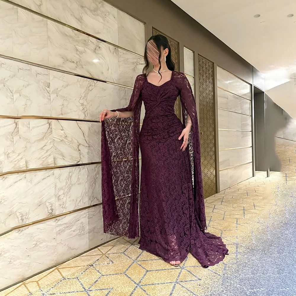 Vestido de noite roxo para mulheres, sereia, pescoço quadrado, mangas compridas, renda, vestidos de noite drapeados, trem de varredura, vestidos de festa personalizados