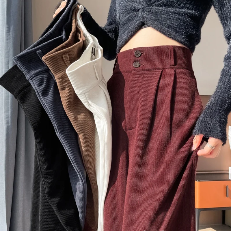High Waist Autumn Winter Velvet Women's Wide Leg Pants 2025 New Buttons Casual Loose Solid Korean Full Length Trousers Female