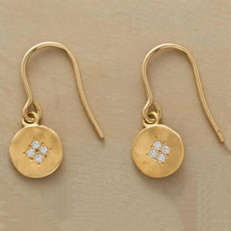 Minimalist Personality Round White Stone Earrings Vintage Gold Color Metal Small Wafer Dangle Earrings for Women Jewelry