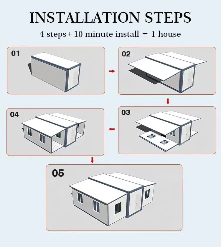 منزل صغير متنقل مقاس 19 × 20 قدمًا مع غرفتين نومين، وحمام ومطبخ كامل، ومنزل قابل للطي وحدات قابل للتوسيع
