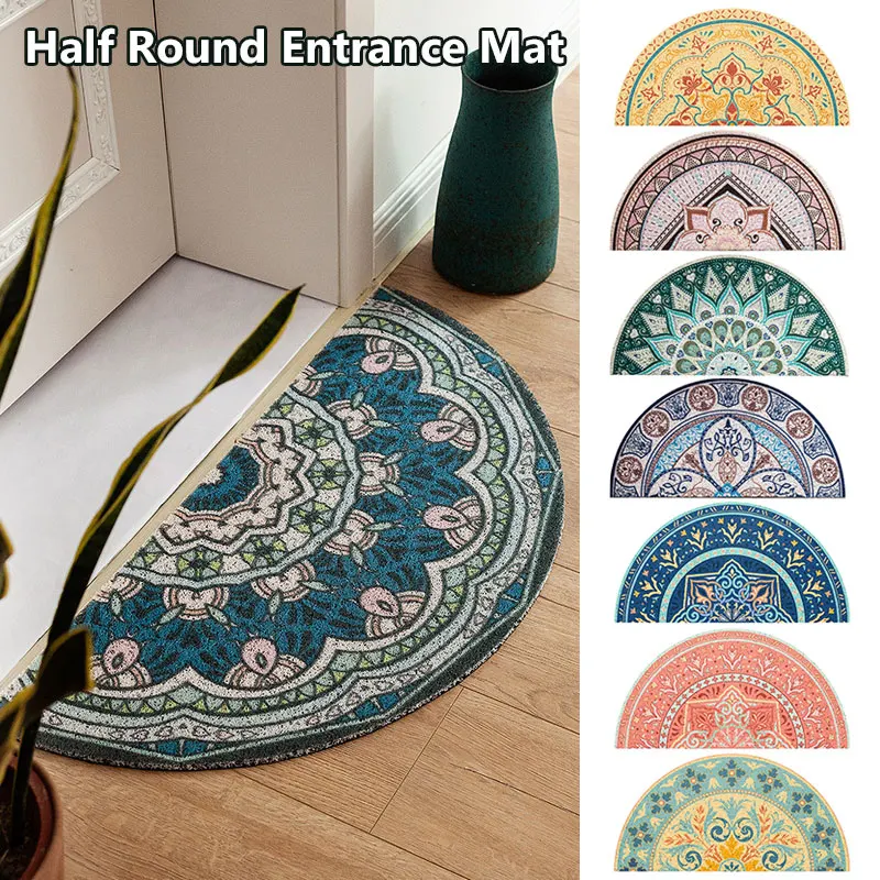 

European Print Half-round Door Mats Antiwear PVC Waterproof Anti Slip Bathroom Rugs Semicircle Carpets Hallway Entrance Doormat