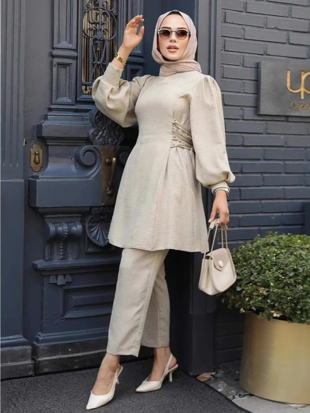 

Muslim 2 Piece Set Women Lace Up Long Top Shirt Straight Pants Suit Ramadan Morocco Dubai Islam Ensemble Trousers Arabic Outfits