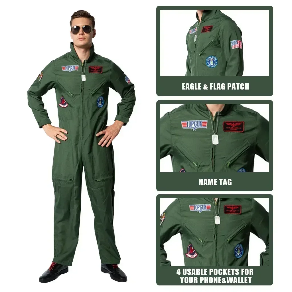 New Airforce Cosplay Costume Bodysuit American Uniform Adults Top Gun Halloween Army Green Military Pilot Jumpsuit With Glasses