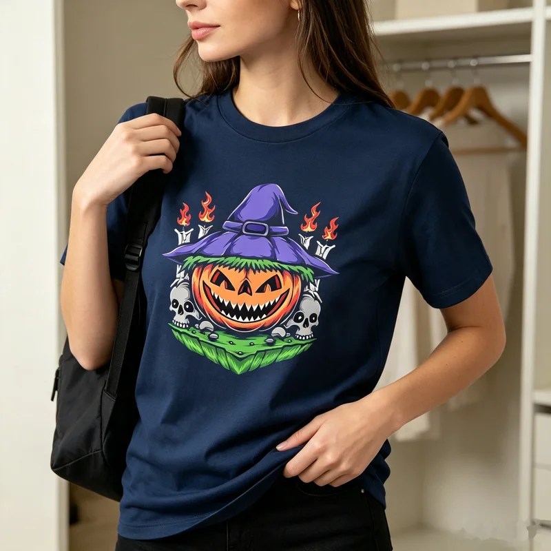 Halloween Pumpkin Wizard Graphic T-Shirt Skull Flame Spooky Season Tee Casual Fall Streetwear Men Women Horror Party Costume Top